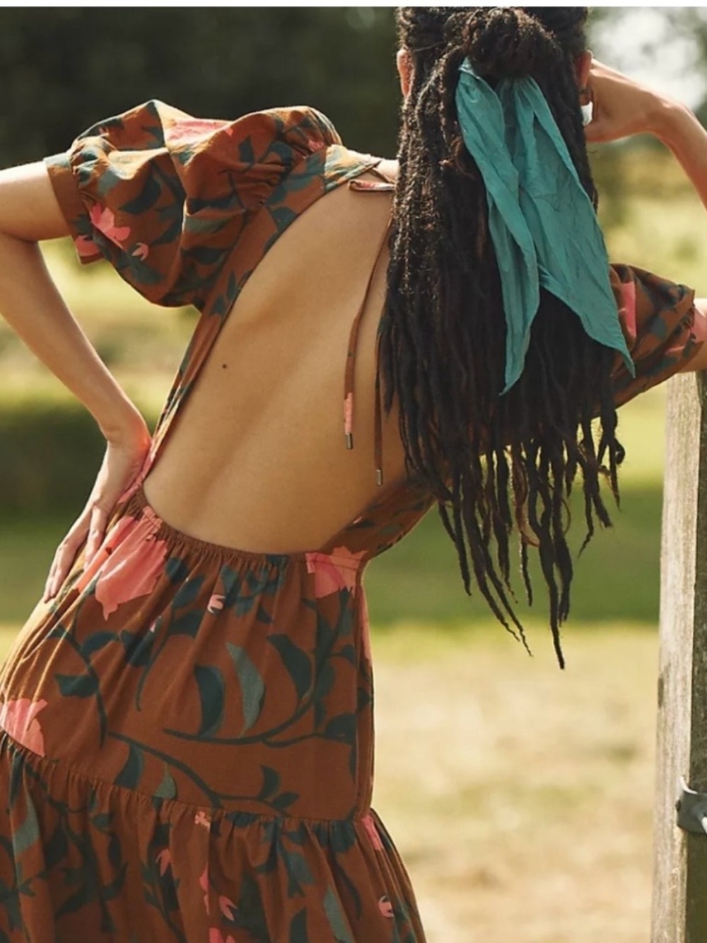 Anthropologie By Conditions Apply Brown Maxi Dress with Pink Floral Print - Picture 7 of 7